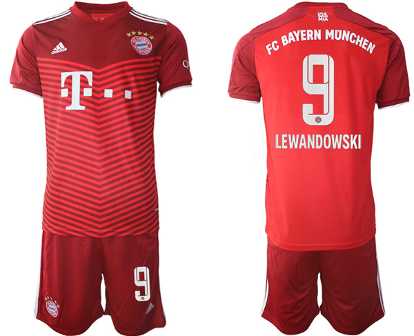 Men's FC Bayern München #9 Robert Lewandowski Red Home Soccer Jersey Suit